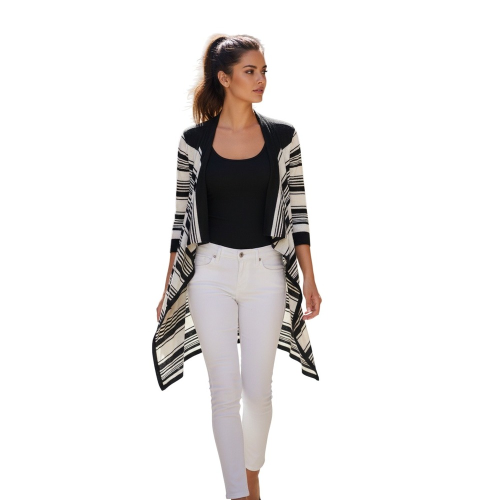 White House Black Market 100% Cotton Striped Draped Longline Cardigan Fits S/M